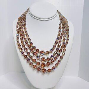 Gold Tone 4-Strand Aurora Borealis Beaded Necklace With Hook Clasp (6122)